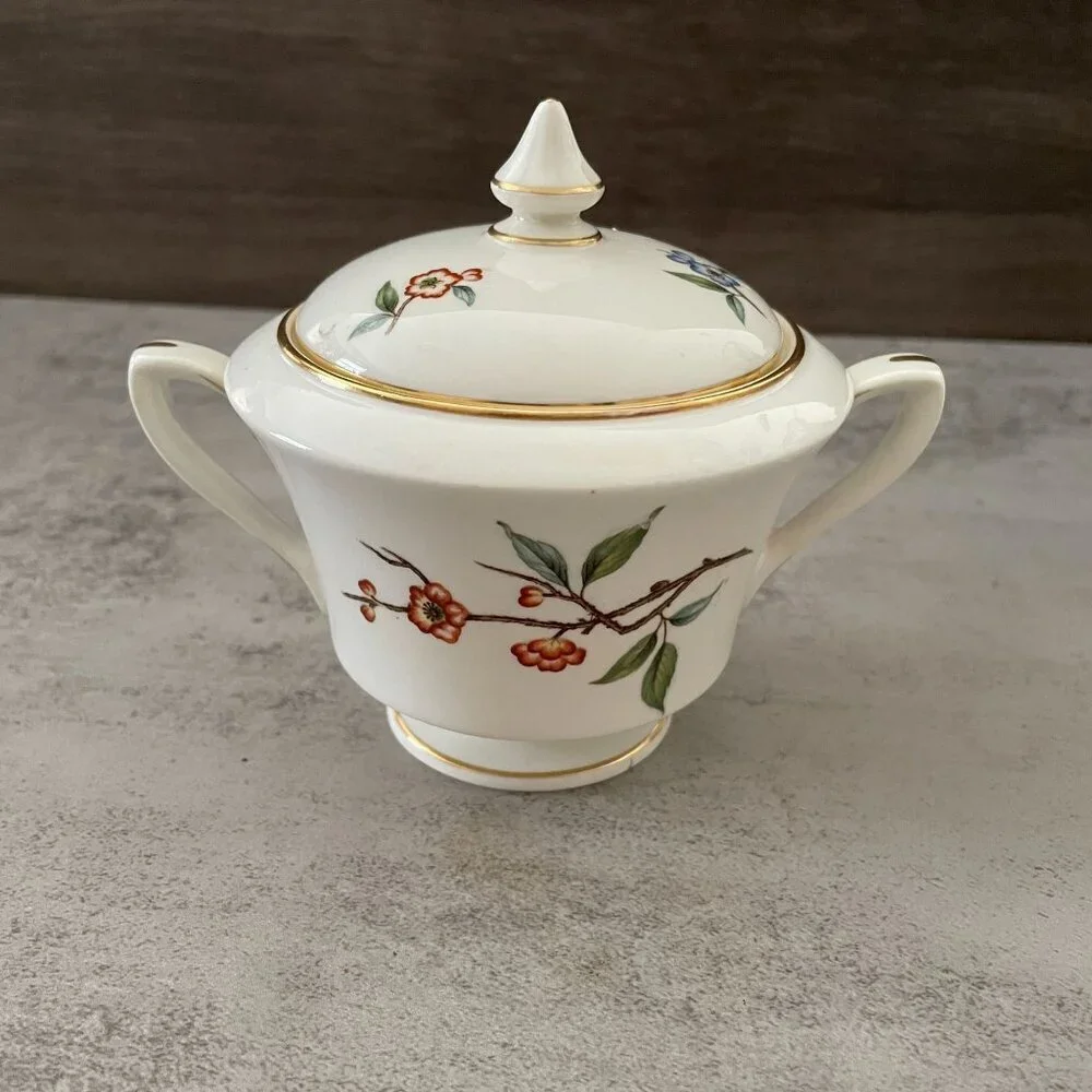 Vintage Royal Worcester Blossom Time Covered Sugar Creamer 3-PC Bone China MINT